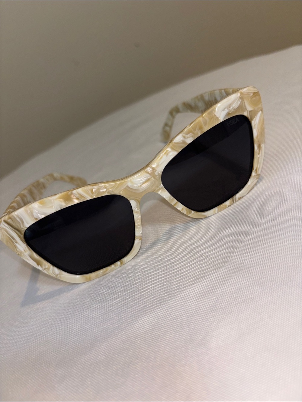Pearlescent Cream Cat-Eye Sunglasses with Black Lenses
